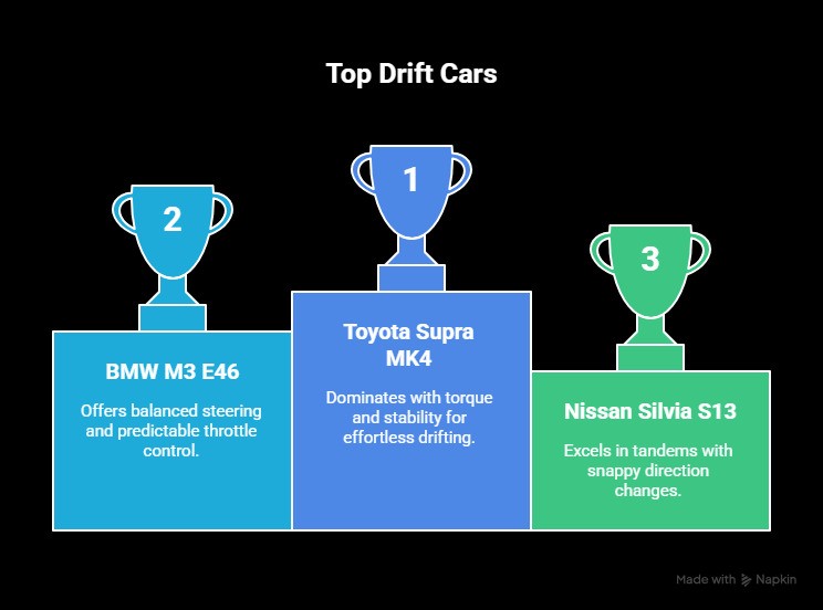 Toyta SupraMk4 Drifters pick RWD and mid-high torque ranges. They want cars that hold angle after a tune.
