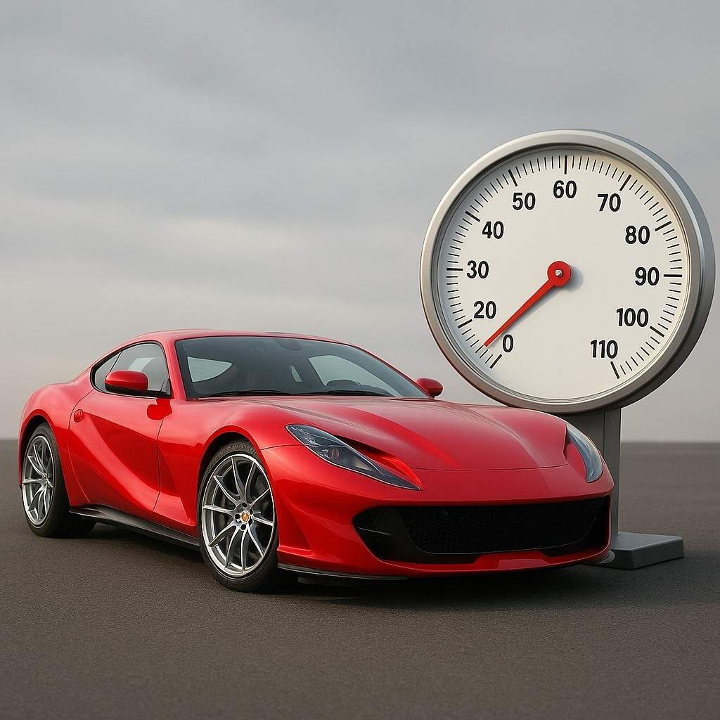 Red sports car next to scale.