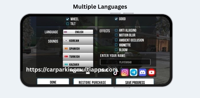 Different languages options in car parking multiplayer mod apk 