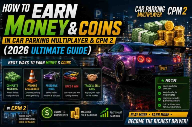 Customized sports car, stacks of cash, and gold coins in Car Parking Multiplayer and CPM 2